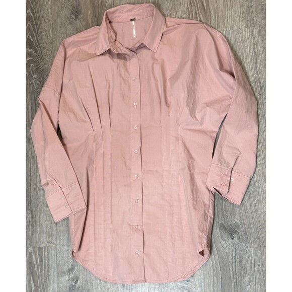 Free People Taria Mini Shirt Dress Small Boho Dusty Pink Pleated Cottagecore - Picture 1 of 5